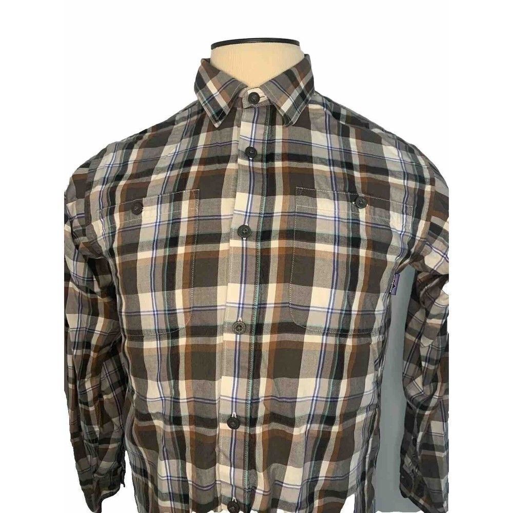 Patagonia Organic Cotton Lightweight  Flannel Plaid Shirt Mens Small White Brown